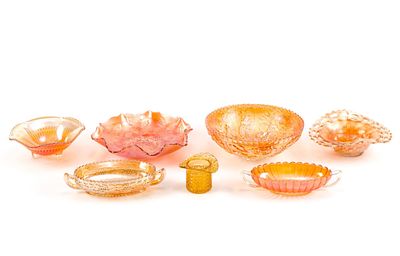 7 Pieces of Orange Glass incl Carnival and Fenton. One Fenton dish has been repaired. Largest 