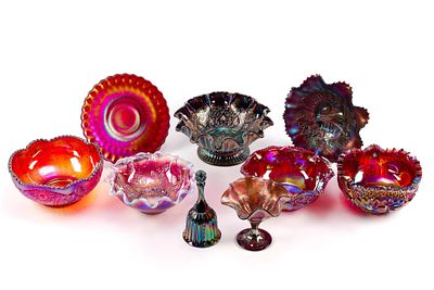 9 Pieces of Carnival Glass. Includes L.E Smith, Indiana Glass and more. Largest piece measures 8 