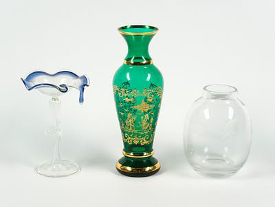 3 Pieces of Signed Art Glass. Green vase measure 3 x 8 - 1/4" x 3".