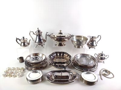 Large Lot of Silverplate Servingware. Largest tray is 12" in diameter.