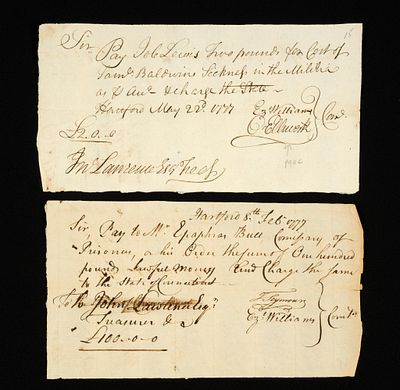 (Revolutionary-Era) 2 Antique Documents. Includes (1) financial voucher for payment for medical 