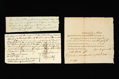 (Revolutionary-Era) 3 Antique Documents. Includes (1) military receipt to Capt. Paul Brigham 