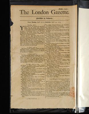 (Revolutionary War Era) 1774 London Gazette with Red Tax Stamp. With COA. Dated April 30, 1774. 