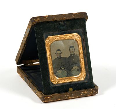 (Civil War Era) Civil War Soldier Cased Photograph. Tinted. Pair of seated soldiers. Standing 