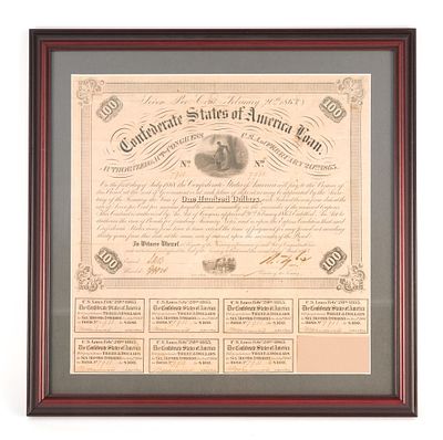 (Civil War Era) Confederate States Of America One Hundred Dollar Bond. A February 20, 1863 