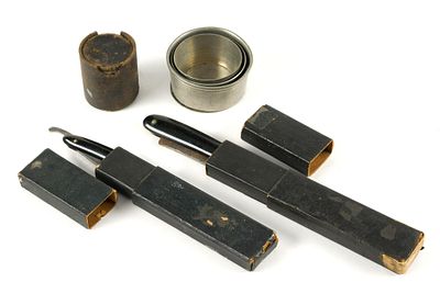 (Civil War Era) 3 Antique Shaving Items & Antique Jacks. Includes two razors and collapsible 
