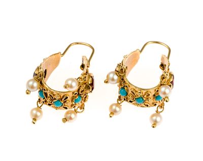14K Gold, Turquoise, and Pearl Earrings. Vintage Victorian revival 14k yellow gold gemstone 