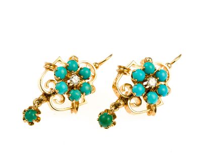 14K Gold, Turquoise, and Diamond Earrings. Yellow gold earrings for pierced ears with turquoise 