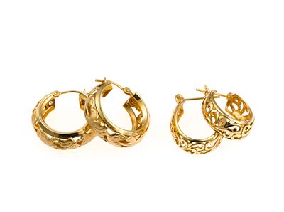 Two Pairs 14K Gold Earrings. Yellow gold hoop huggies for pierced ears. Both pairs of earrings 