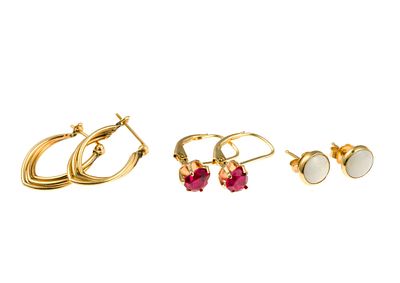 Three Pairs 14K Gold Earrings. All are yellow gold, one with synthetic ruby, one with opal and 