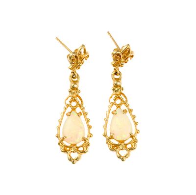 14K Gold Earrings. Renaissance revival yellow gold dangle earrings with opal gemstone and fleur 