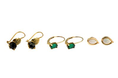 Three Pairs 14K Gold Earrings. One pair of opal studs testing 14k, one pair of antique earrings 
