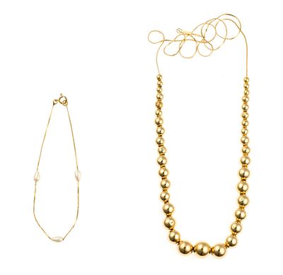 14K Gold Add-A-Bead Necklace and Pearl Chain Bracelet. A yellow gold chain necklace with hollow 