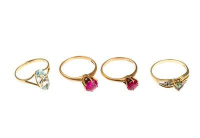 Four 10K Gold Gemstone Rings. All four rings are size 6.5 to 7. The total weight of the rings is 