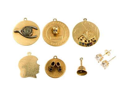 (6) 14K Gold Charms and Pair of Stud Earrings. All are marked 14k except one which tests 14k 