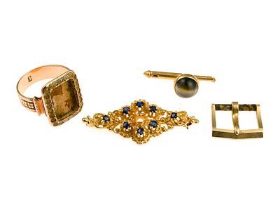 14K Gold Jewelry. A watch buckle marked 14k gold, tuxedo button marked 14k gold, antique ring 