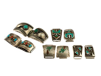 Sterling Silver Watch Bracelets and Band Tips. Five vintage Native American watch bracelets and 
