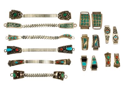 Sterling Silver Watch Bracelets and Band Tips. Ten vintage Native American watch bracelets and 