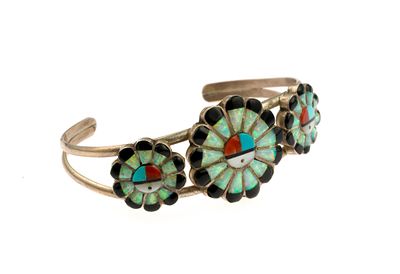 Vintage Zuni Sterling Silver Sun Face Cuff Bracelet. The bracelet is 2 1/4" inner width, 1 1/8" 