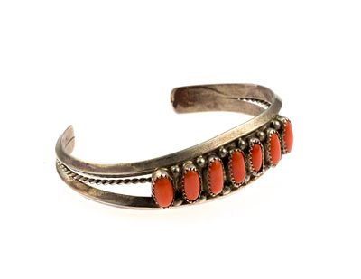 Vintage Navajo Coral and Sterling Silver Cuff Bracelet. 2 3/8" inner width with 1 1/4" opening 
