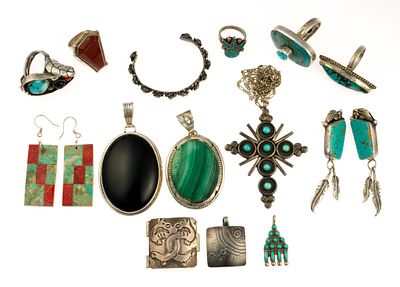Various Native American Style Sterling Silver Jewelry. The lot includes five rings, most size 7 