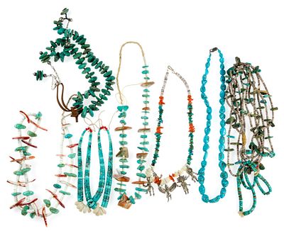 Six Coral, Shell, and Turquoise Necklaces. Six necklaces and one additional double strand 