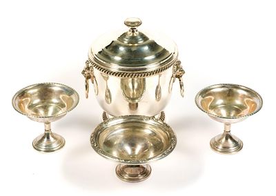 Three Weighted Sterling Silver Compotes and Silverplate Ice Bucket. International Silver vacuum 