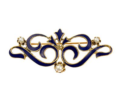 Antique 14K Gold, Pearl, and Enamel Brooch. A 2" Victorian era pin with blue enamel and small pearls.