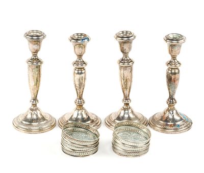 Weighted Sterling Silver Candlesticks & Sterling Rimmed Coasters. All marked. Coasters measure 