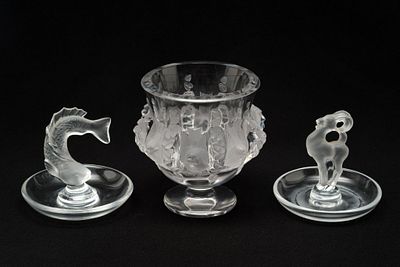 Lalique French Glassware. 1) Lalique Stamped Dampierre Vase of frosted sparrows and foliage -- 