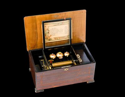Late 19th Century Swiss Cylinder Music Box. Plays six tunes. Features bee-form strikers and 