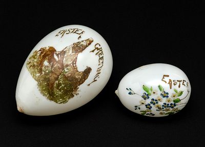 2 Handpainted Milk Glass Easter Eggs. Both say Easter. Hand-painted. Some paint loss. Vivid 
