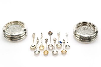 Sterling Silver Souvenir Spoons and Glass Coasters. A matching set of 6 glass and sterling 