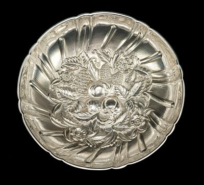 Kirk & Son Sterling Silver Bowl. 5 3/4" diameter ball-footed bowl with fruit decoration. 5.8 