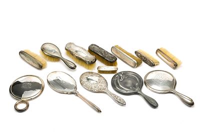 Eleven Pieces Sterling Silver Vanity Items. The group includes mirrors and brushes, all marked 