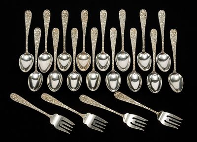 Stieff Repousse Sterling Silver Flatware. Sixteen teaspoons 5 7/8" and four 6" salad forks, all 