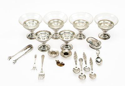 Sterling Silver Sherbet Bowls & Flatware. Set of six sterling silver-mounted sherbet bowls with 