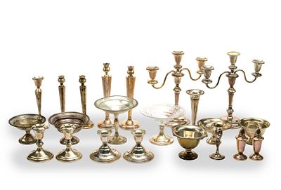 Weighted Sterling Candleholders and Compotes. A variety of sterling pieces, including a triple 