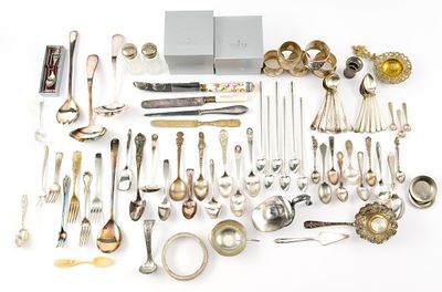 Silverplate Souvenir Spoons and Serving. Pieces are unmarked or marked silver plate and pewter. 