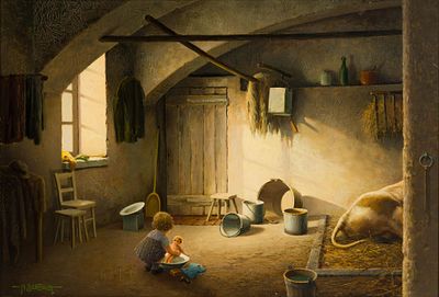Oil On Board Painting By Aurelio Bertiglia (Italian, 1891–1973). An unusual, realistic oil 