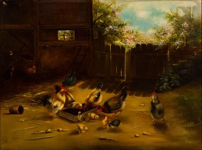 Antique Oil on Canvas After Claude Guilleminet. A 19th-century oil-on-canvas farm scene with 