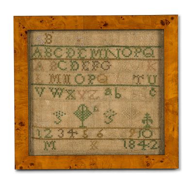 1842 Small Needlepoint Sampler "Mary Kindell's". Alphabet Sampler of "Mary Kindell," dated 1842. 