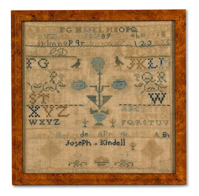 1842 Needlework Sampler "Mary Kindell's". 19th-century needlework sampler dated 1842. A piece of 