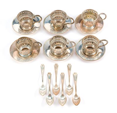 Sterling Silver Demitasse Set. Includes saucers, cups, and spoons. All marked. No glass inserts 