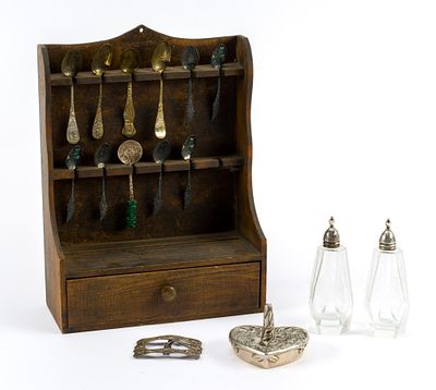 15 Items incl. Sterling Silver. Includes 11 souvenir spoons, ring dish, salt and pepper shakers 