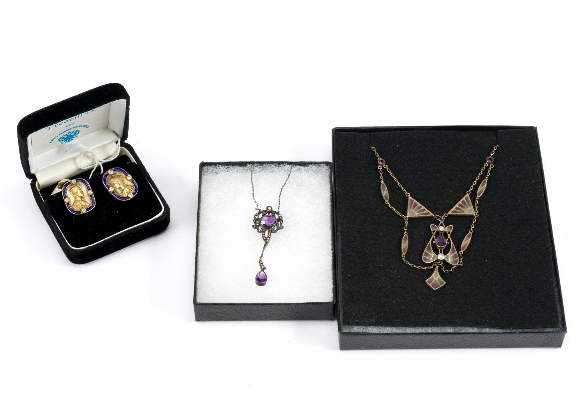 2 Silver Lavaliere Necklaces & Russian Silver Gilt Cufflinks