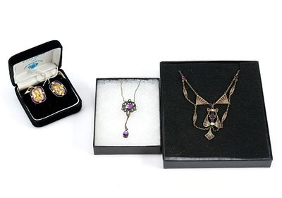 2 Silver Lavaliere Necklaces & Russian Silver Gilt Cufflinks. Art nouveau and Edwardian 