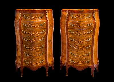 Pair of Louis XV French Inlay Lingerie Chests. Green marble tops and intricate marquetry 