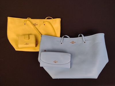 2 Coach Street Zip Tote Bags. Includes a sky blue with matching wallet and a yellow with 