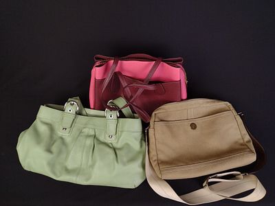 3 Coach Purses. 1.) Lora Carryall colorblock with wine and pink ~14-1/2" long. 2.) Soho Hampton 